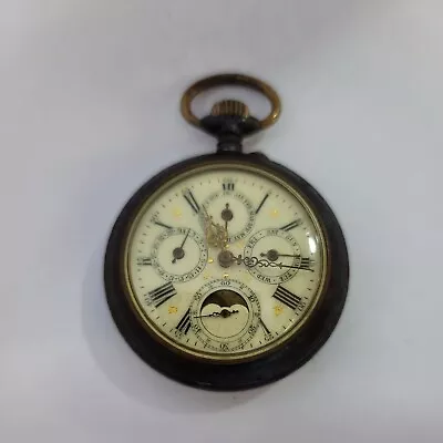 Antique 19th Ce Triple Calendar Moon Phase Swiss Pocket Watch  Chrometer 52mm  • $4990