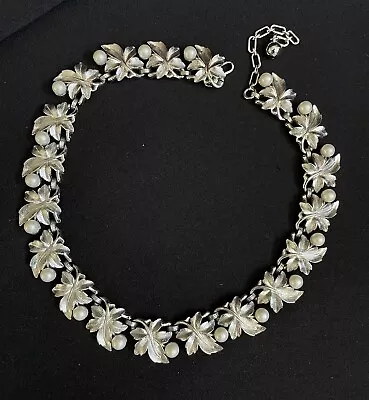 Vintage Crown Trifari Sliver Tone Leaf Faux Pearl Necklace • $99