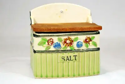 Vintage Ceramic Stoneware Salt Box Apple Green Raised Floral Wood Lid Primitive • $35