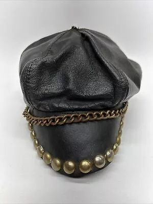 Vintage Black Leather & Chain Motorcycle Biker Cap Caddie Hat Adjustable USA • $24.95