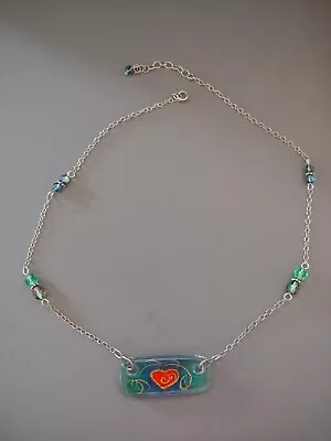 Vintage Unworn Old Stock Artisan Glass Necklace Sterling Silver Heart Blue Green • $24.99