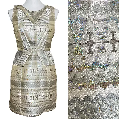 Sugarlips Metallic Brocade Dress S Peplum Gold Silver Sparkle Mini Aztec Tribal • $38.93