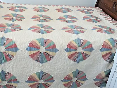DRESDEN PLATE Hand Quilted QUILT 82  Square 25 Blocks Vtg Tear Drop Scallop Edge • $125