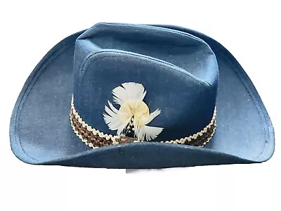 Vintage Denim Cowboy Hat Size Large 7 1/4 -7 3/8 With Feather Band Unisex Blue • $45.99