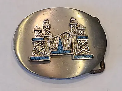 Vintage Oil Rig Belt Buckle With Turquoise Inlay 3 1/2  Wide • $14.99