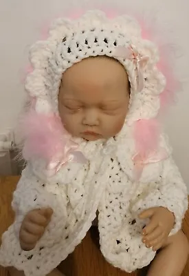 Hand Crochet Newborn Girls Cardigan/ Coat  And Bonnet Hat Set  • £20.50