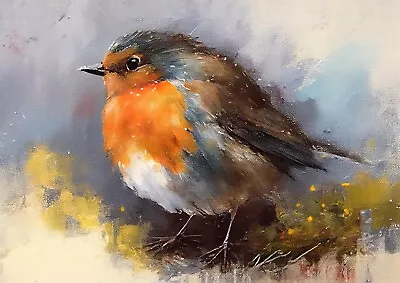 £4.99 • Buy Charming 7 X5  Oil Painting Print, Robin Redbreast On Moss-Covered Twig, Nature