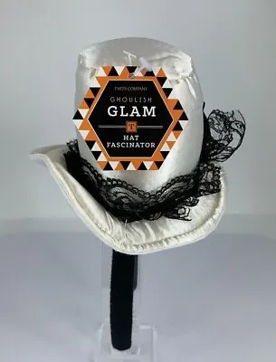 Halloween White Mini Top Hat Headband Fascinator Black Lace NWT  Twos Company • $12.99