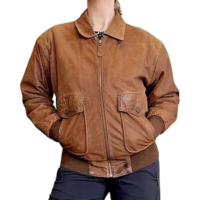 Vintage Retro Small Brown Distressed Leather Flight Bomber Jacket Coat 80s 90s • $74.99