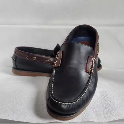 M & S MENS LEATHER MOCCASIN SHOES SIZE UK 11 Navy Blue Leather Loafers Slip On • £18.50