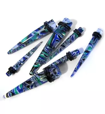 PAIR-Tapers Marble Blue Green Acrylic 03mm/8 Gauge Body Jewelry • $7.99