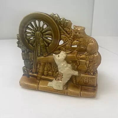 Vintage 1953 McCoy Spinning Wheel With Scottie Dog & Cat Art Pottery Planter • $12.95