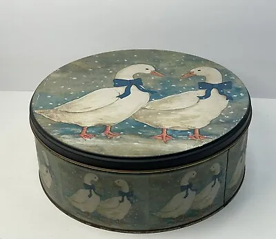 Vintage 1980's Geese Large Tin Canister 9 1/2” Diameter Sewing Box Trinket Box • $6.50