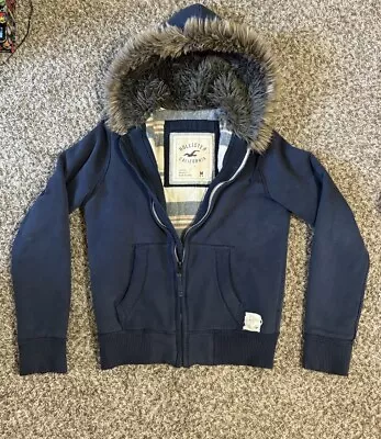 Hollister Faux Fur Hoodie Heavy Thick Jacket  Women's Medium Y2K Full Zip Blue • $64.95