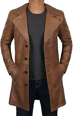 Brown Men Genuine Leather Long Trench Coat Classic Handmade Business Casual Wear • $165