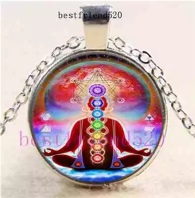 $1.85 • Buy Sacred Geometry Chakras Cabochon Glass Silver Chain Pendant Necklace