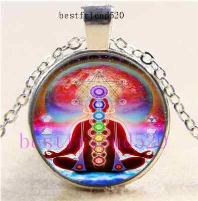 $1.85 • Buy Sacred Geometry Chakras Cabochon Glass Silver Chain Pendant Necklace