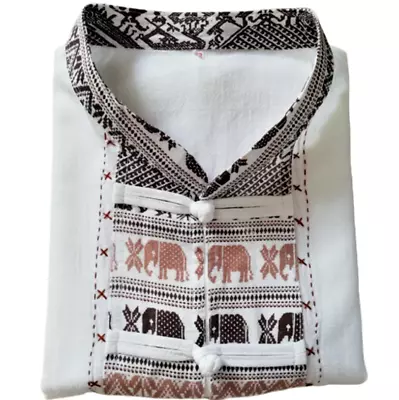 Mens Thai Elephant Cotton Shirt Short Sleeve Mandarin Band Knot Buttons 3 Colors • $14.95