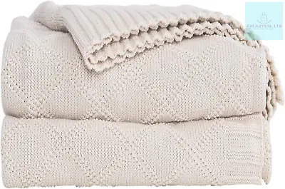 Knitted Throw Blanket 100% Cotton Home Bed Blanket51x70 Inch Soft Cozy Cable • £34.57