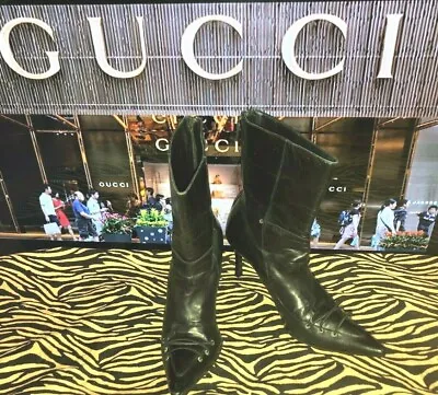 Vintage Gucci Black Leather Granny Edwuardian Victorian Steam Punk Ankle Boots 5 • $127.49