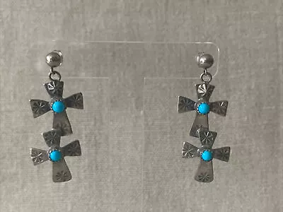 Vintage Navajo Double Cross Sterling Turquoise Pierced Earrings • $21.50