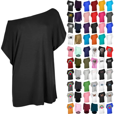 £6.99 • Buy Womens Plain Slash Neck Oversized Baggy Top Ladies Off Shoulder Bardot T Shirt