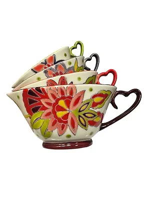 Pier One Heart Handle Hand Painted Ceramic Measuring Cups Unique Kitchen Ware • $19.95