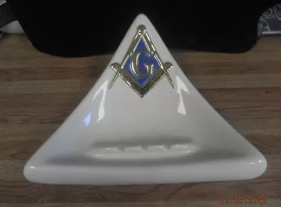 Vintage Freemason Masonic Ashtray White Gold Ceramic.GOLD & BLUE CENTER LETTER G • $14.99