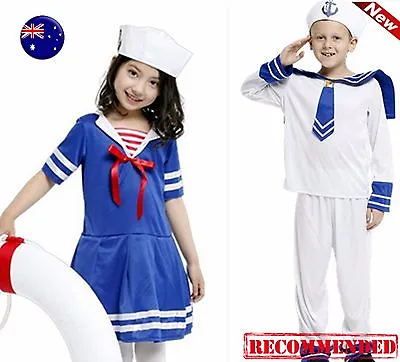 Kid Girl Boy Navy White Sailor Anchor Marine Costume Dress Top Party Hat Cap Set • $38.25