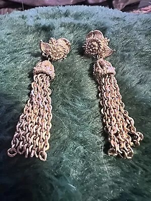 Monet Fringe Tassel Earrings Goldtone Clip On Dangle Rope Chain Vintage 2  • $15.99