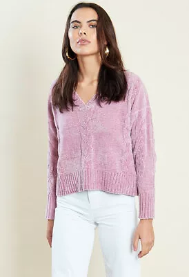 Womens Pink V Neck Cropped Long Sleeves Cable Knit Jumper • £14.99