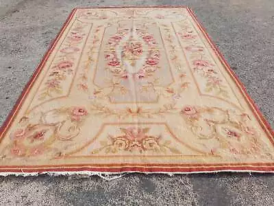 Vintage French Needle Point Handmade Floral Beige Wool Rug Carpet 126x74cm • £185