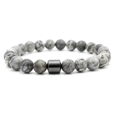 Natural 8MM Grey Map Stone Magnetic Black Hematite Round Bead Bracelet Men Woman • £3.99