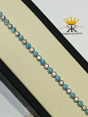 $118 • Buy Platinum Sterling Silver White Sapphire Blue Enamel Evil Eye Tennis Bracelet 7.5