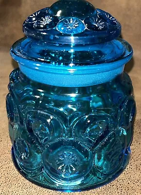 Vintage LE Smith Moon & Stars Blue Glass Canister Apothecary Candy Jar & Lid 5” • $37.27