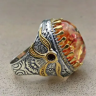 925 Sterling Silver Turkish Jewelry Amber Stone Men's Ring All Size #097 • £47.29