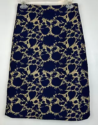 J. Crew Black Label Sz 0 Skirt Gold Metallic Navy Floral Print Lined Textured • $22.99