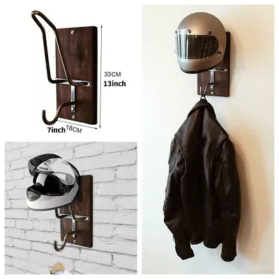 Wood Motorcycle Helmet Holder Jacket Hanger Motorbike Wall Mount Display Rack • $35.98