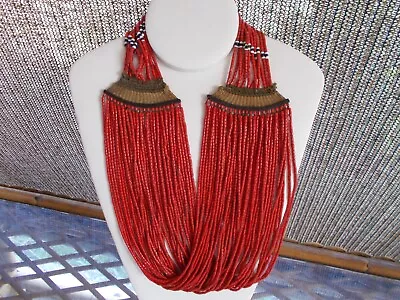 Vintage Naga Red Glass? Beaded 42 Strand Ceremonial Statement Necklace  Macrame • $1177.77