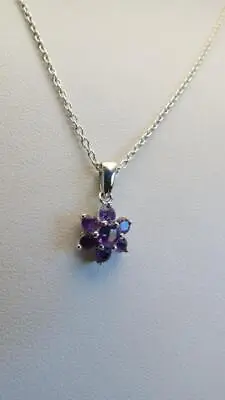 925 Sterling Silver Amethyst Flower Cluster Pendant 18  Oval Link Chain Necklace • £18