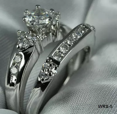 925 Sterling Silver Vintage Round CZ Engagement Ring Wedding Ring Set SZ5-9 ~WR5 • $17.32