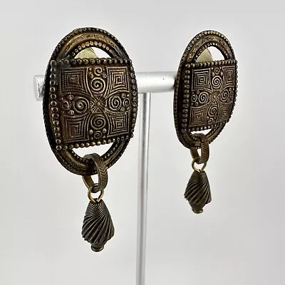 Vintage Marjorie Baer SF Bronze Tone Tribal Boho Dangle Clip-On Earrings • $35