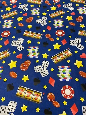 Lucky Seven Slot Machine Poker Chips Dice Blue Cotton Fabric Fq • $4.25