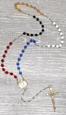 Vintage Rosary Beads Glass / Pewter Unique Blue Red White Black Multi Gold Tone  • $12.99