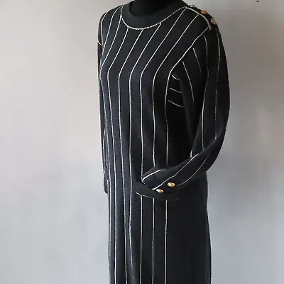 Vtg Don Sayres For Wellmore Wool Knit Dress Black Pinstripe Long Sleeve Sz 10 • $42.50