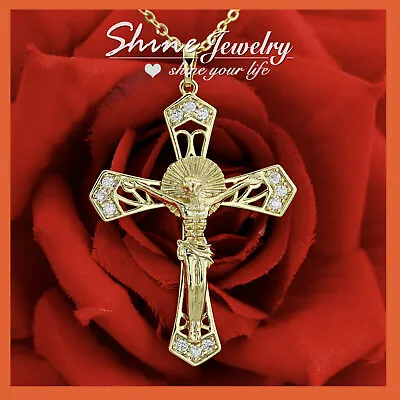9k Yellow Gold Gf Jesus Cross Crucifix Mens Ladies Solid Pendant Chain Necklace • $14.92
