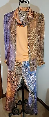 Vtg Vera Cristina 3 Piece Silk Outfit Size 8 Pants Shirt Overshirt Animal Prints • $45