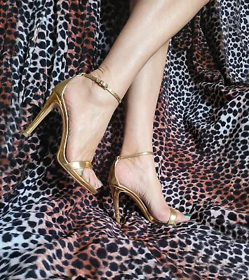 Zara Woman Gold Metallic Ankle Strap Stilettoes Size EUR 38 UK 5 US 7 AUS 7 • $19.48