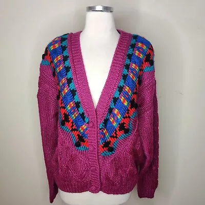 Vintage IVY Hand Knit Cardigan Sweater Large V-Neck Cable Knit Colorful Retro  • $25