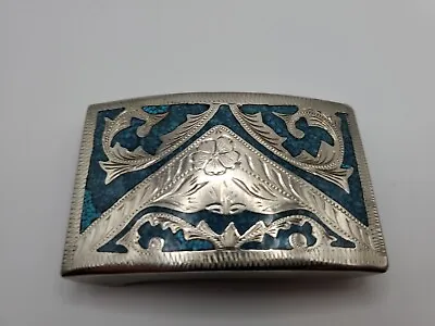 Vintage Silver Mexico Alpaca Taxco Crushed Turquoise Native Belt Buckle 53 Grams • $14.99